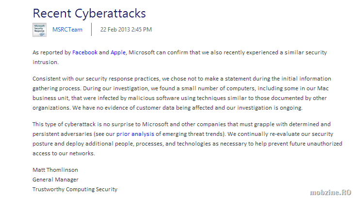 Și Microsoft se alătură Apple, Facebook și Twitter recunoscând că hackerii au pătruns în sistem
