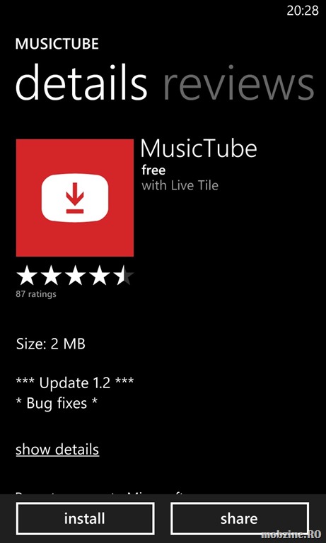 MusicTube for Windows Phone, salvarea coloanei sonore de pe YouTube pe telefon