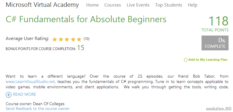 Recomandare: curs gratuit de C# Fundamentals for absolute beginners