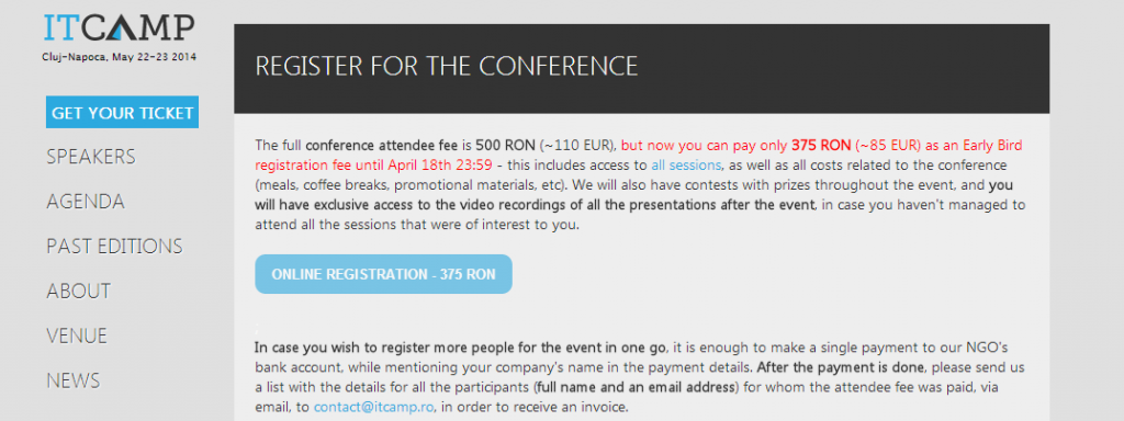 S-a deschis inregistrarea early bid pentru conferinta IT Camp 2014. De la 375 LEI