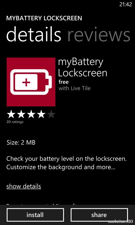 myBattery lockscreen: informatii despre starea bateriei pe ecranul lockscreen al Windows Phone 8