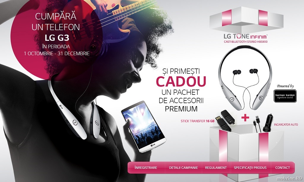 Promotie LG: la orice G3 cumparat se primesc si casti Tone Infinim (HBS-900), un mobile USB Drive de 16 GB si un incarcator de masina