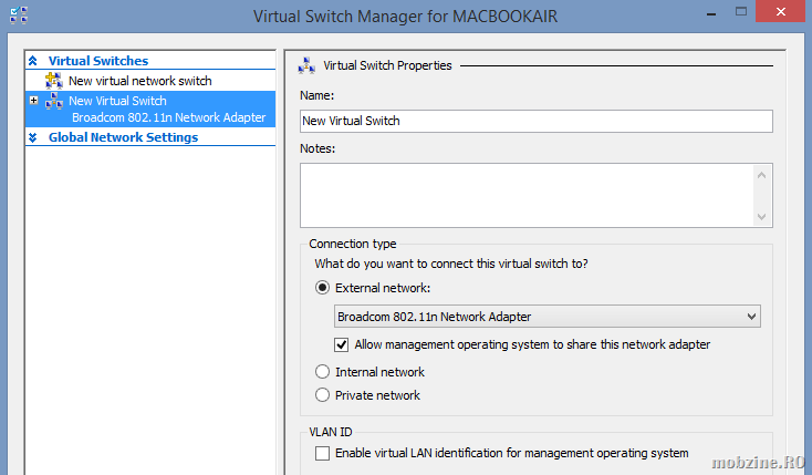 Cum rezolvi problema Error applying Virtual Switch Properties pe Hyper-V de pe Windows 8.1 x64 si MacBook