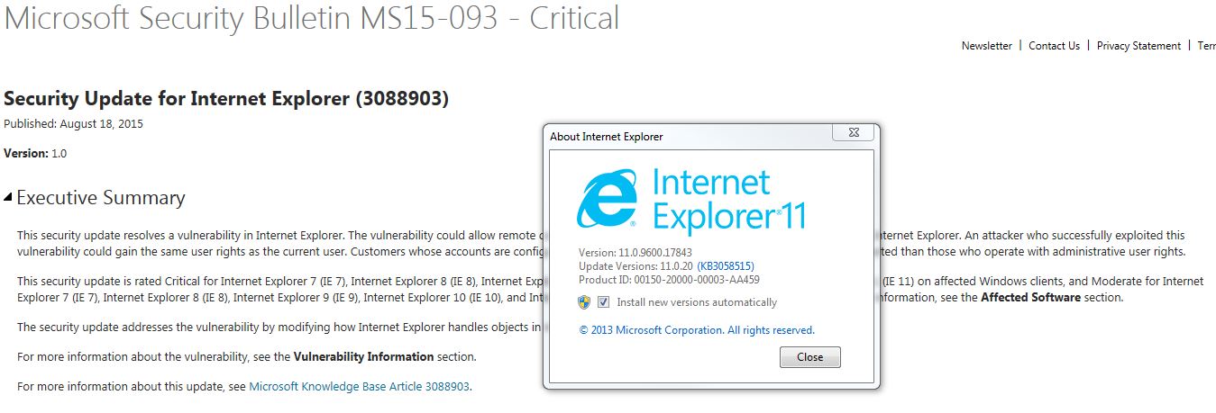 Aplicati acum Microsoft Security Bulletin MS15-093, update critic pentru toate versiunile de IE