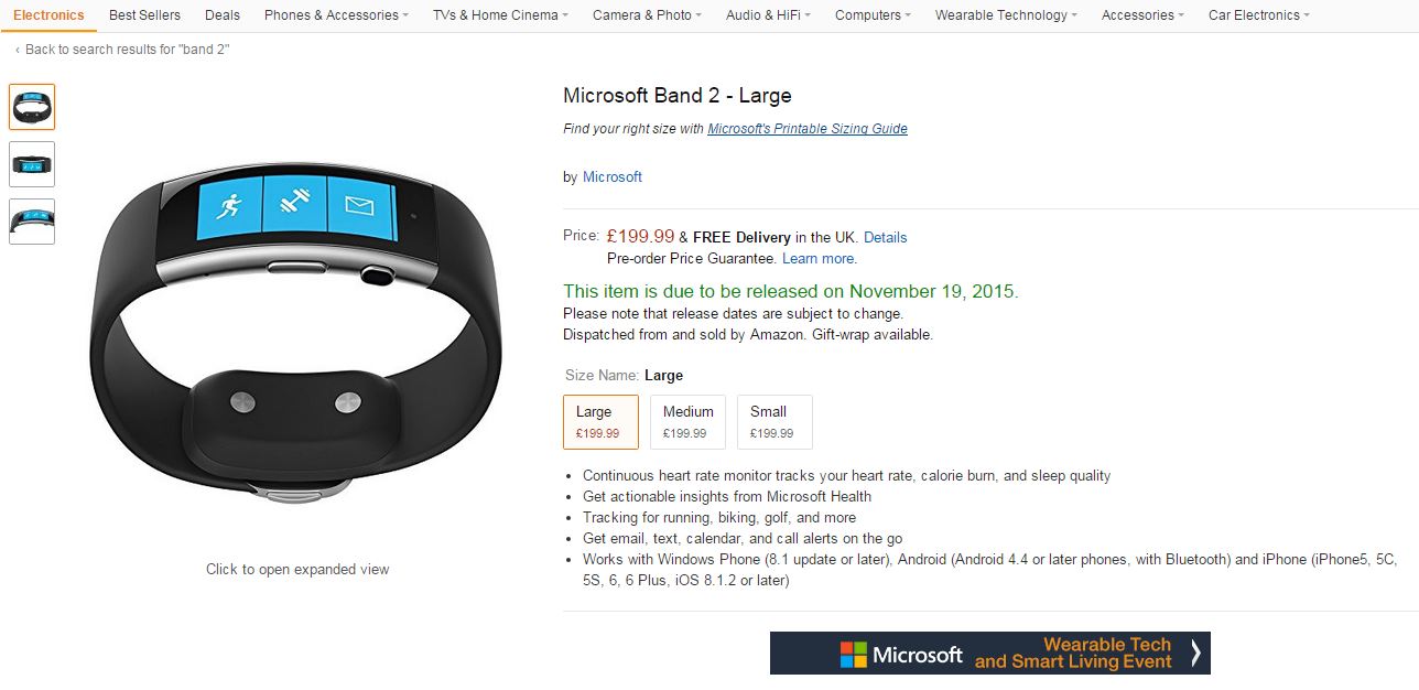 Bratara inteligenta Microsoft Band 2 poate fi cumparata si de pe Amazon UK