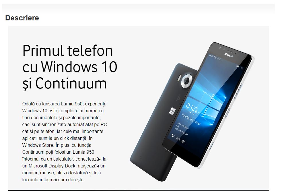 Microsoft Lumia 950 apare la precomanda la Vodafone: 559 EUR la liber