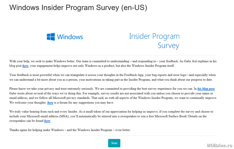 Microsoft vrea feedback pentru programul Insider