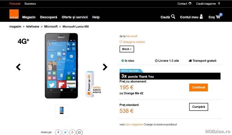 Lumia 950 intra in oferta Orange Romania de la 538 EUR