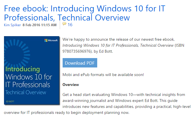 Recomandare: free ebook Introducing Windows 10 for IT Professionals, Technical Overview
