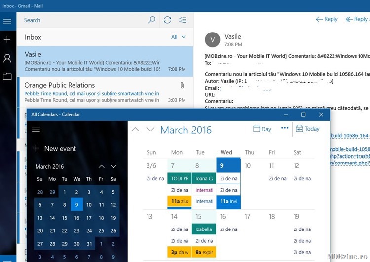 Mail si Calendar de Windows 10 au primit functii noi, doar pentru Insideri