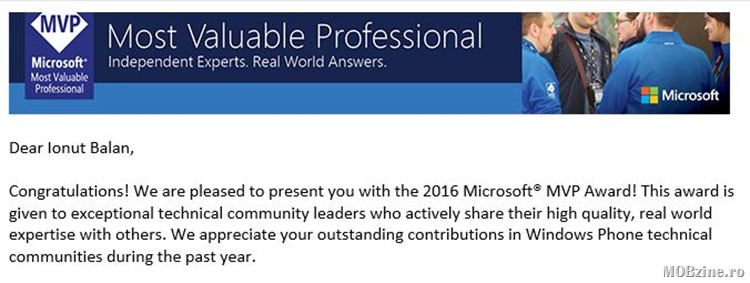 Si am primit Most Valuable Professional award Windows Phone, pentru al doilea an
