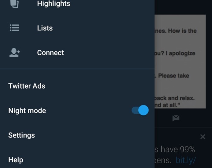 Twitter de Android primeste optiunea Night mode, introducand fundalul negru