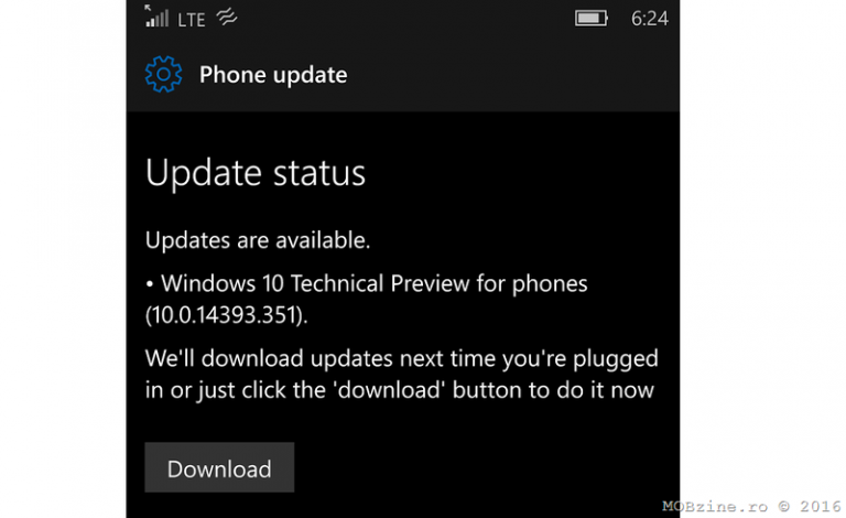 Windows 10 Mobile build 14393.351 disponibil pentru Release Preview si Slow Ring