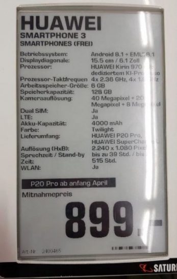 Specificatii si preturi Huawei P20 si P20 Pro