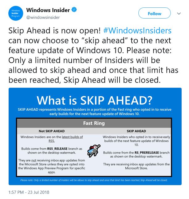Microsoft a redeschis (pentru scurt timp) inscrierile in programul Skip Ahead pentru Windows 10 Insider Preview Redstone 6