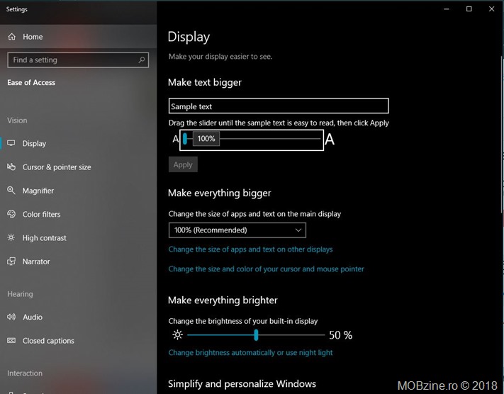 Windows 10 October 2018 Update: setarile de display