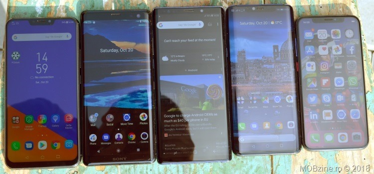 Comparatie display: Asus Zenfone 5z vs Sony Xperia XZ3 vs Samsung Galaxy Note9 vs Huawei Mate 20 Pro vs iPhone Xs