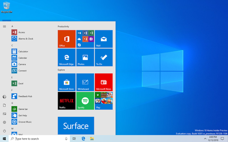 Microsoft aduce Windows 10 Insider Preview Build 18305 19H1 in Fast Ring cu un nou meniu Start si Window Sandbox