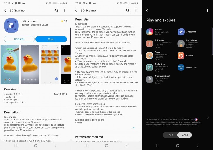 Aplicația 3D Scanner e disponibilă oficial în Galaxy Store și poate fi instalată și folosită pe Samsung Galaxy Note 10 Plus.