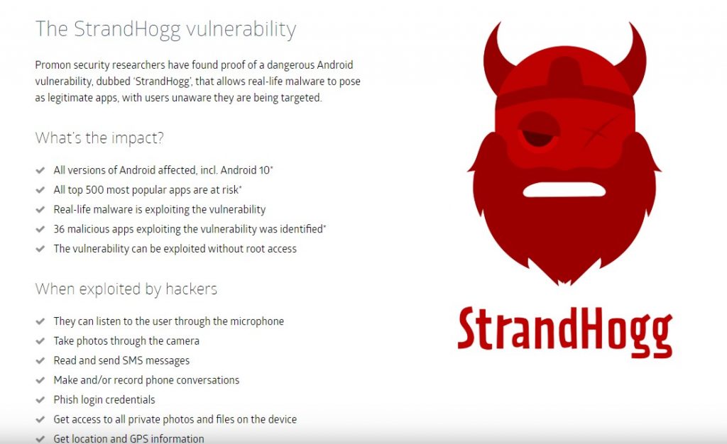 Vulnerabilitatea StrandHogg, existentă pe toate versiunile Android (chiar și pe cele actualizate cu patch-urile de noiembrie 2019) permite atacatorilor să fure datee personale ale utilizatorilor.