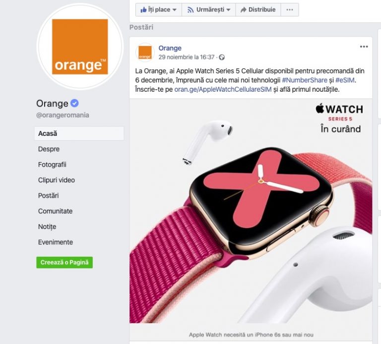 Începând cu 6 decembrie Apple Watch 5 Cellular cu eSIM 4G va putea fi comandat în România, prin Orange.