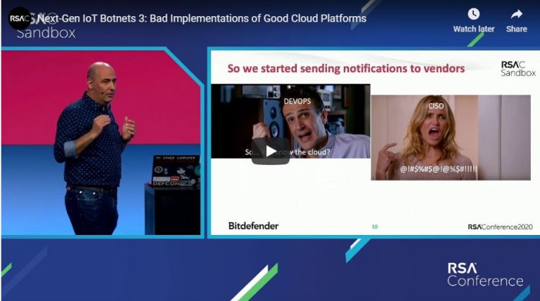 Prezentarea lui Alex Balan (Chief Security Researcher Bitdefender Next-Gen IoT Botnets 3): Bad Implementations of Good Cloud Platforms de la RSA 2020.