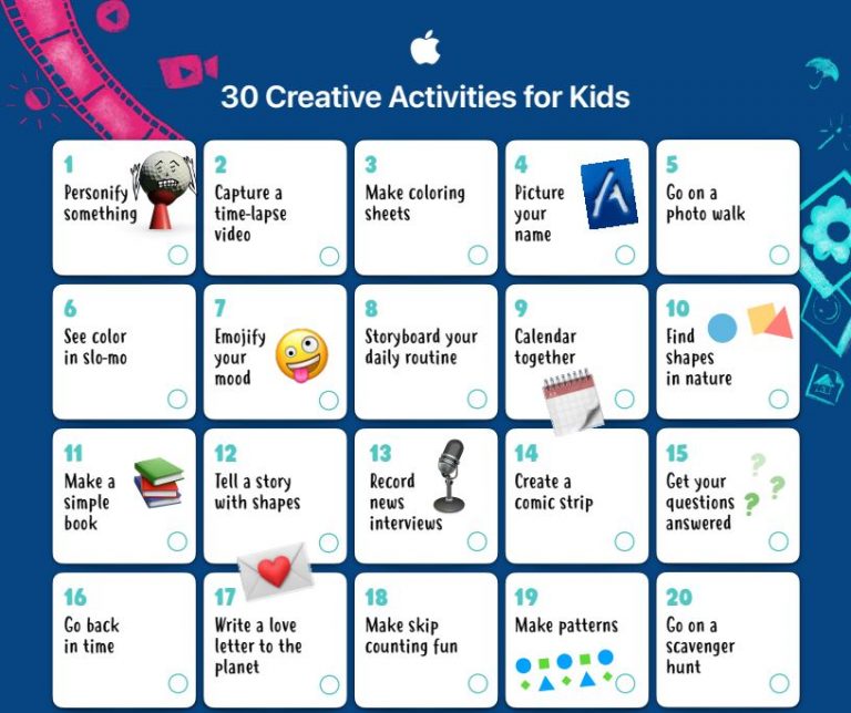 Apple Education ne propune o listă cu 30 de activități creative pentru copiii între 3 și 8 ani, binevenite în perioada de izolare.