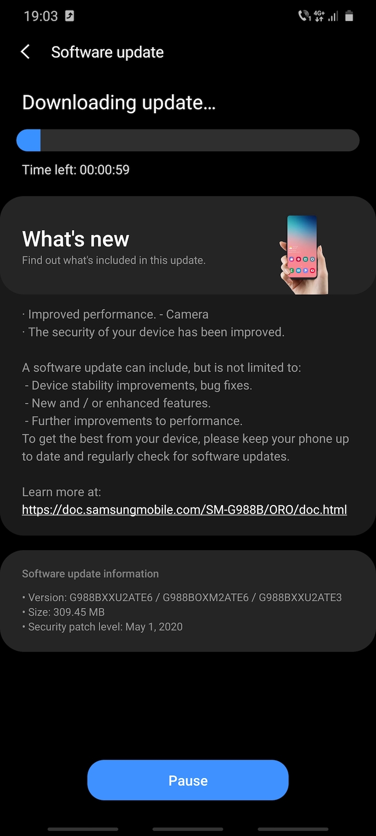 Update-ul G988VXXU2ATE6/G988BOXM2ATE6/G988BXXU2ATE3 aduce patch-urile de securitate Android pentru luna mai 2020 și un mod special ”close-up zoom” pentru camera foto.