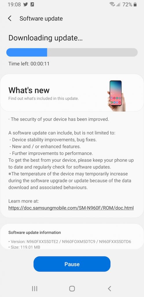 Cel mai nou update de firmware (N960FXXS5DTE2/N960FOXM5DTC9/N960FXXS5DTD6) pentru Samsung Galaxy Note9 aduce patch-urile de securitate de Android pentru luna mai 2020 și câteva optimizări.