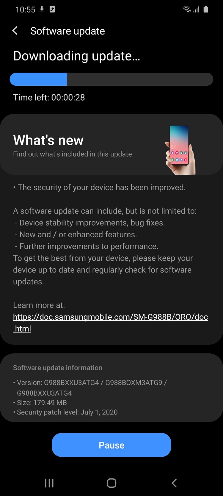Samsung Galaxy S20 Ultra primeste firmware-ul G988BXU3ATG4/G988BOXM3ATG9/G988BXXU3ATG4 cu remediile de Android 10 pentru luna iulie.