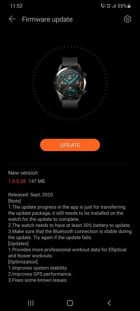 Ceasul smart Huawei Watch GT2e a primit o actualizare pentru luna septembrie (1.0.5.28) ce conține optimizări de performanță și acuratețea localizării GPS.