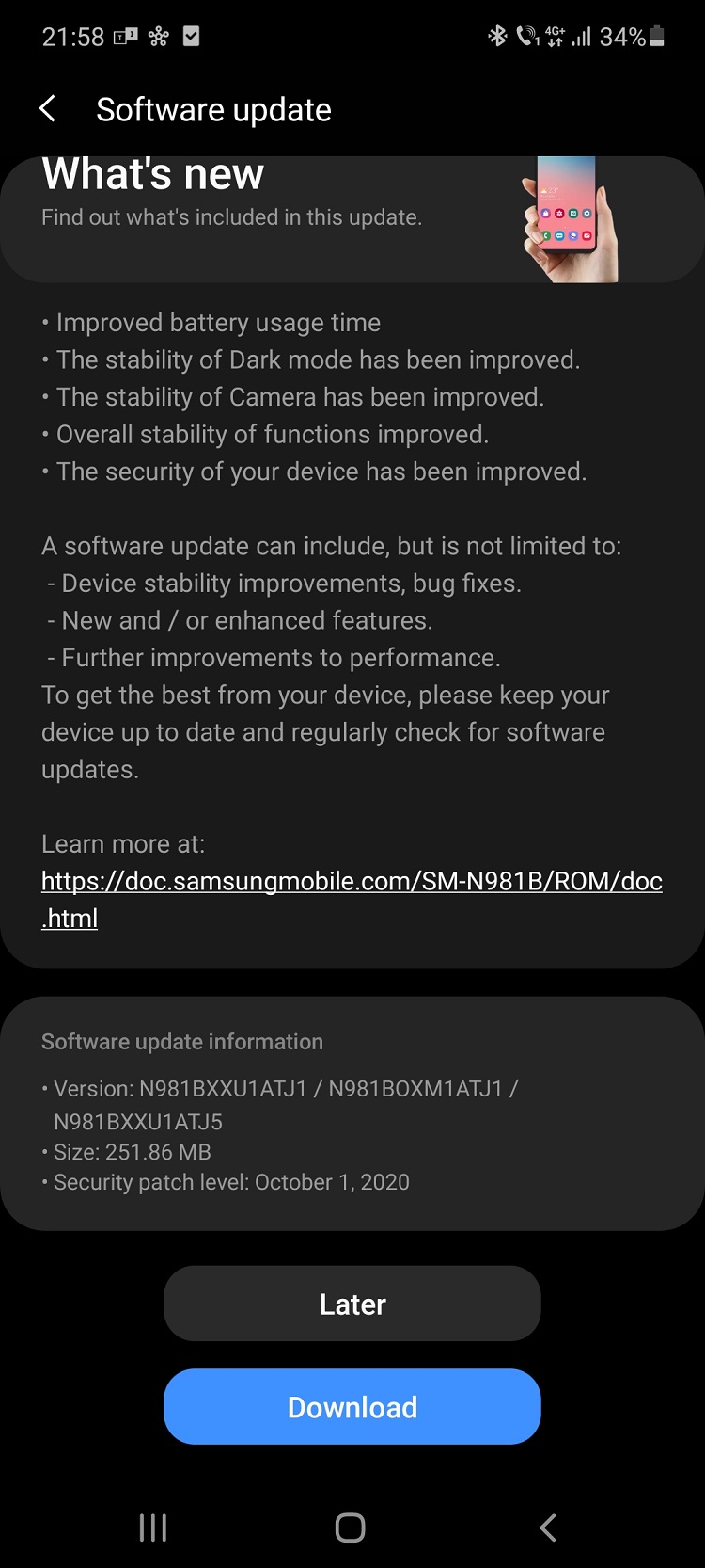 Seria Samsung Galaxy Note20 5G tocmai a primit setul de patch-uri Android pentru luna octombrie.