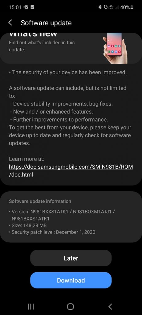 Samsung Galaxy Note20 5G primește patch-urile de securitate Android 10 pentru luna decembrie.