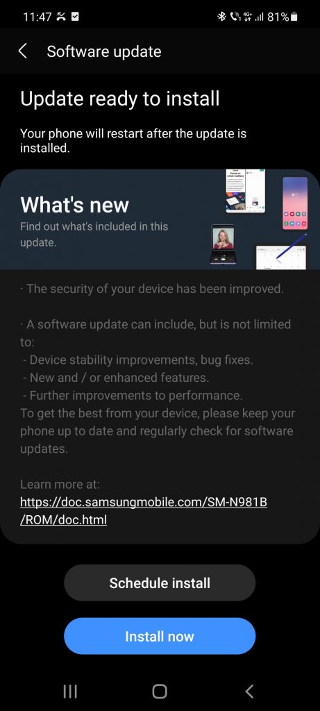 Samsung a lansat azi firmware-ul N981BXXS1CUA2 / N981BOXM1CTL5 / N981BXXU1CTL5 cu patch-urile de ianuarie 2021 pentru Android 11 de pe Galaxy Note20 5G.