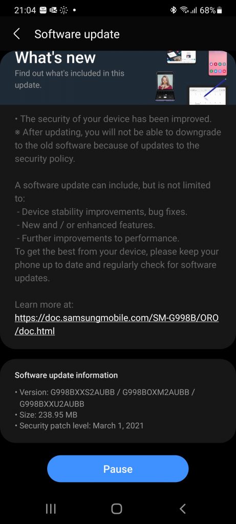 Ieri am primit actualizările Android de martie 2021 pentru Samsung Galaxy S21 Ultra 5G și Galaxy Note20 5G.