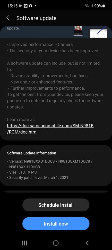 Firmware-ul N981BXXU1DUC8/N981BOXM1DUC8/N981BXXU1DUC8 aduce patch-urile Android 11 de martie 2021 și optimizări pentru camera foto pentru Samsung Galaxy Note20 5G.