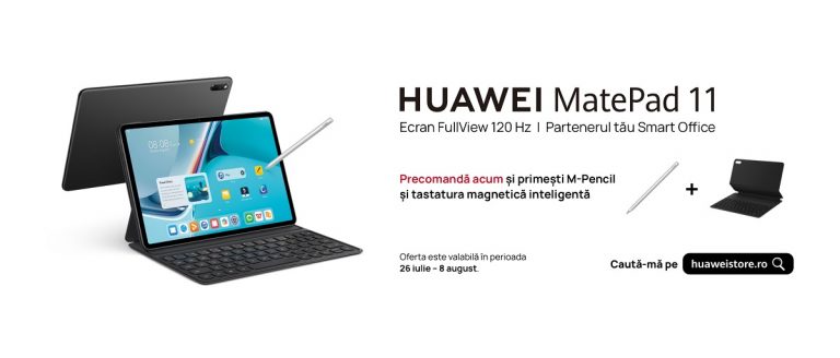 Tableta Huawei MatePad 11 cu M-Pencil si tastatură magnetică poate fi comandată de azi, la un preț de 1999 LEI.