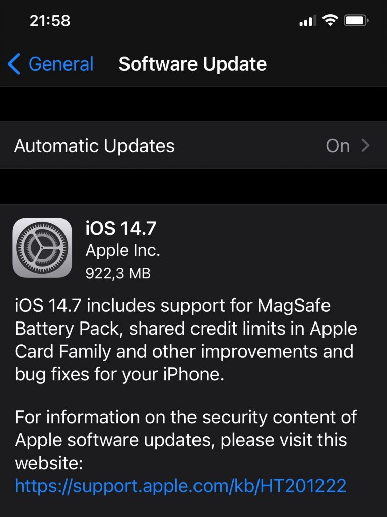 iOS 14.7 e disponibil pentru download, într-un pachet de aproape 1GB.