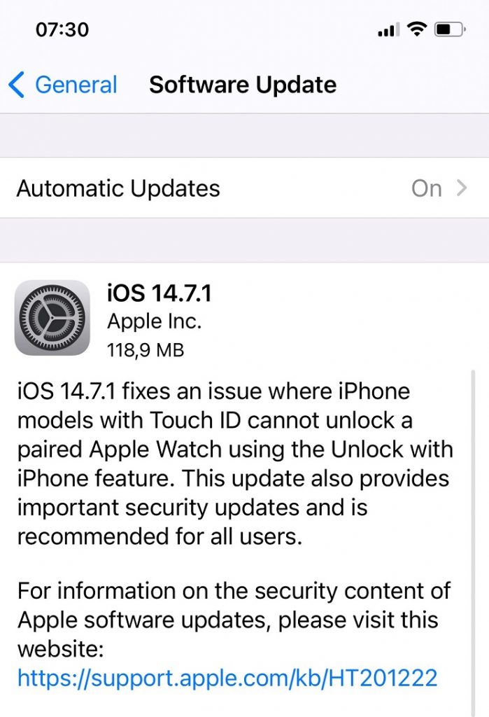 iOS 14.7.1 este lansat rapid de Apple pentru a repara o problemă importantă de securitate și a oferi un remediu pentru aparatele iPhone cu Touch ID ce nu pot folosi Unlock cu Apple Wach.