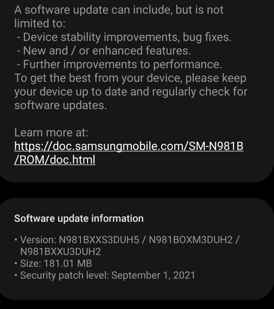 Actualizarea N981BXXS3DUH5 / N981BOXM3DUH2 / N981BXXU3DUH2 ce conține patch-urile de securitate Android 11 pentru luna septembrie a ajuns pe seria Galaxy Note20 5G în România.