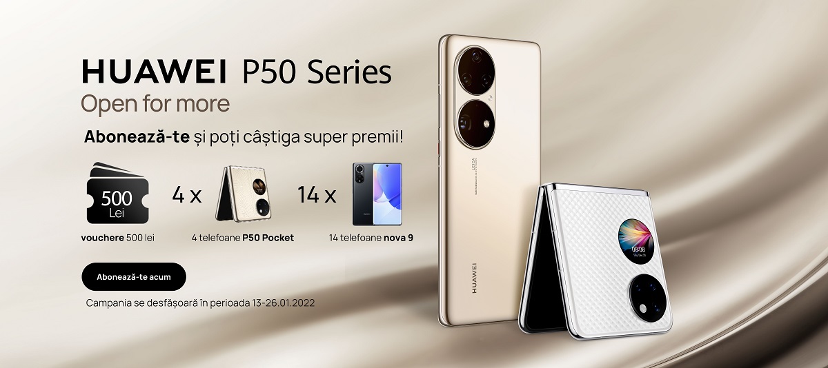În perioada 13 - 26 ianuarie, Huawei demarează o campanie cu premii printre care și 4 smartphone-uri pliabile Huawei P50 Pocket.
