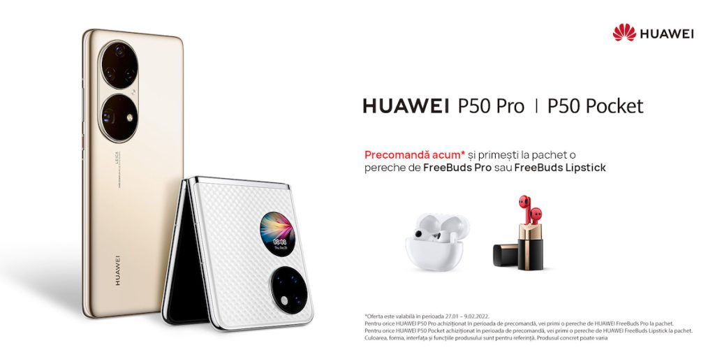 Noile modele Huawei P50 Pro și P50 Pocket sunt încă sunt disponibile pentru precomandă online pe www.huaweistore.ro cu prețuri de 5499, respectiv 6499 LEI.