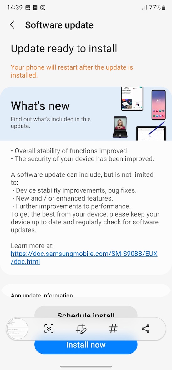 Samsung Galaxy S22 Ultra a primit și în România patch-ul de securitate de aprilie 2022 pentru Android 12.