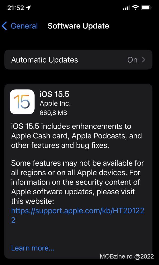 iOS 15.5 aduce multe patch-uri de securitate și optimizări pentru Podcasts și Apple Cash.