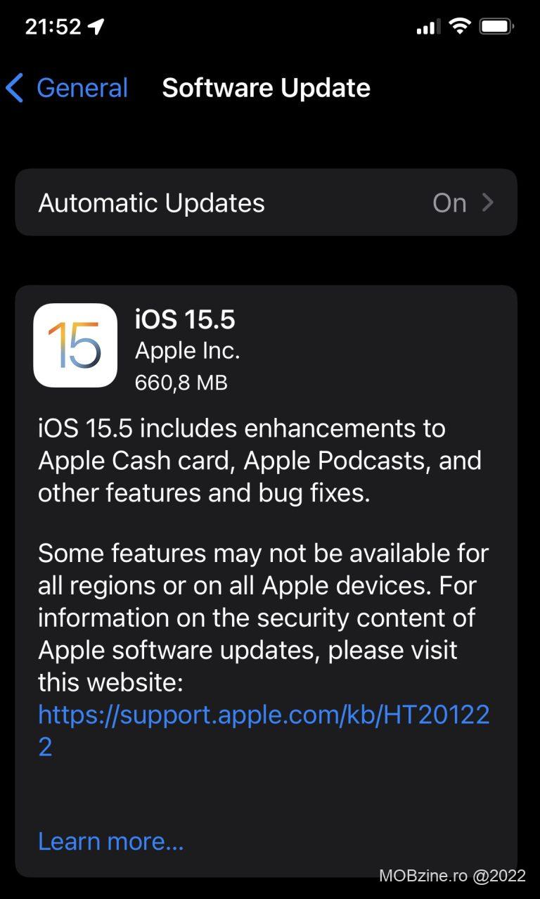 iOS 15.5 aduce multe patch-uri de securitate și optimizări pentru Podcasts și Apple Cash.