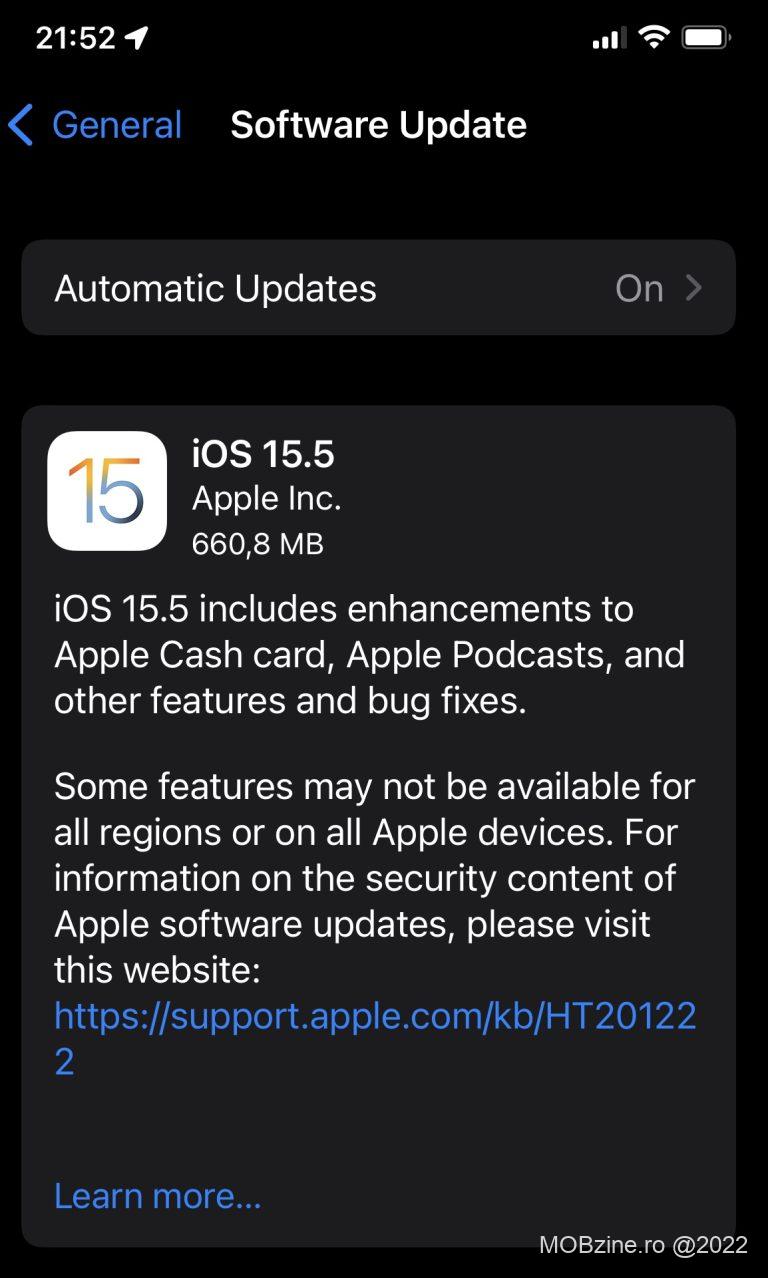iOS 15.5 e lansat oficial cu o gramada de patch-uri de securitate si cateva imbunatatiri