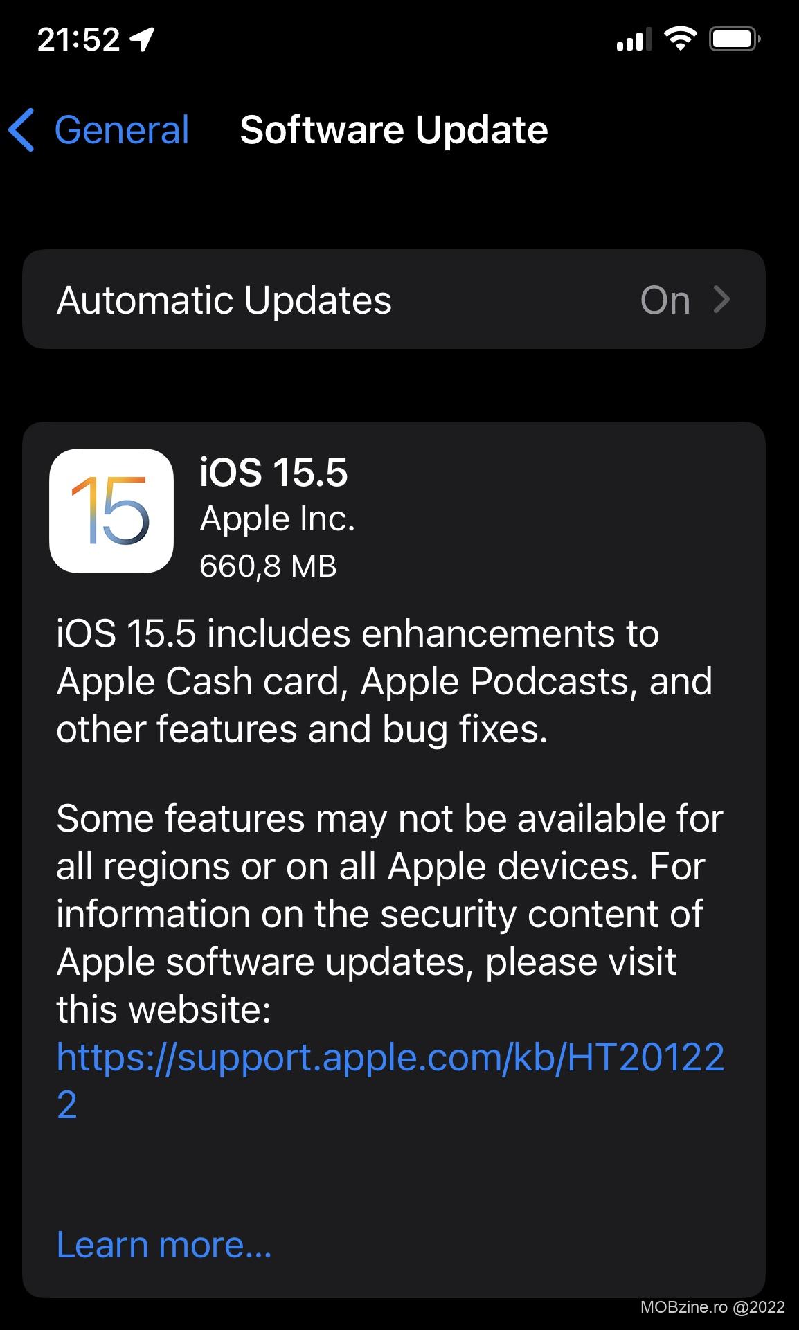 iOS 15.5 aduce multe patch-uri de securitate și optimizări pentru Podcasts și Apple Cash.
