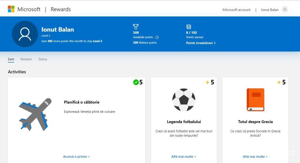 Microsoft Rewards, programul de fidelizare prin care utilizatorii ce folosesc Edge și Bing primesc beneficii e acum disponibil și în România.