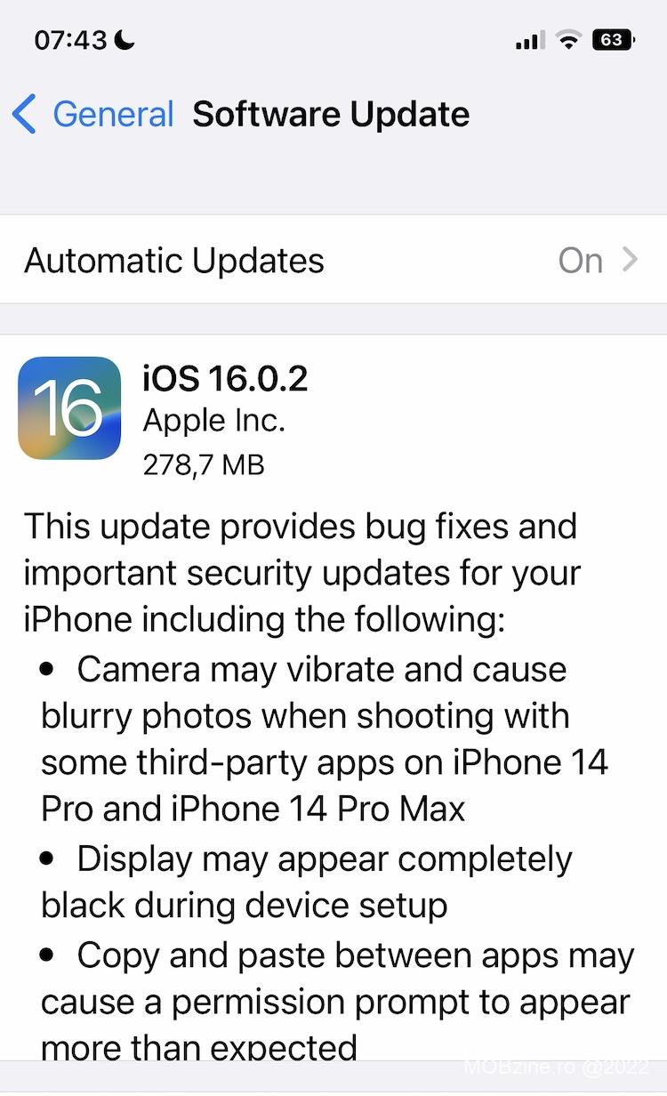 Apple lanseaza de urgenta un patch iOS 16: 16.0.2