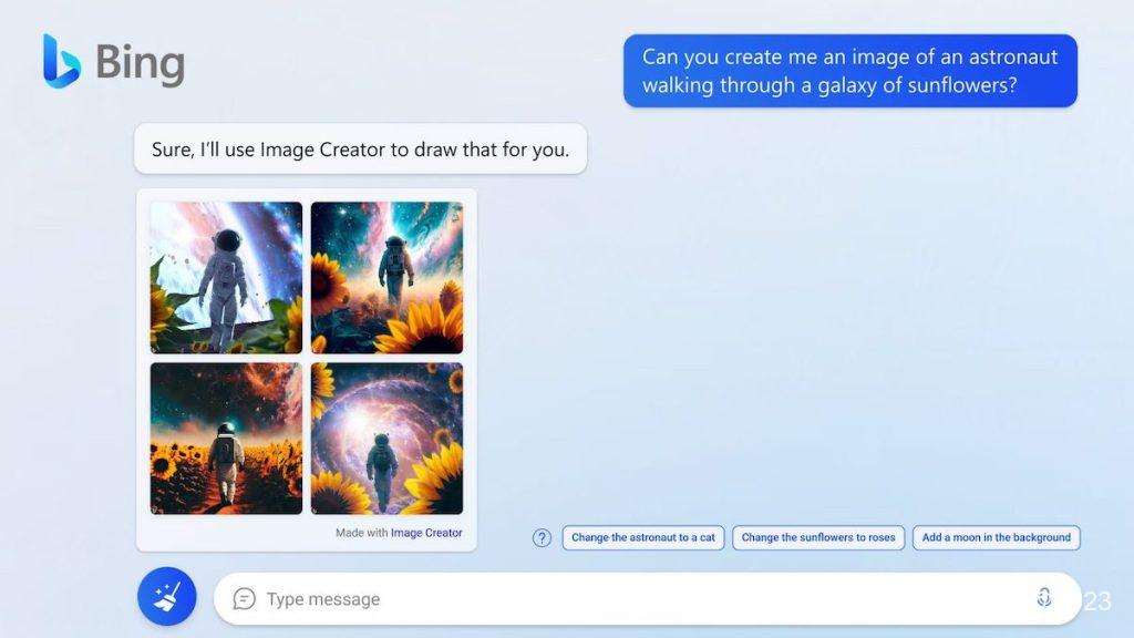 Bing Chat are acum opțiunea de a folosi Image Creator, Ai-ul DALL-E pentru generarea de imagini pe baza descrierilor text.